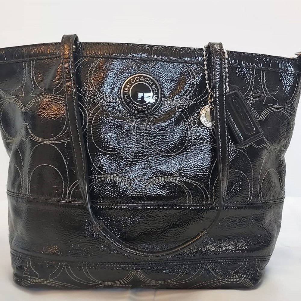 COPY - Black Signature Stripe Stitched  Coach Patent Leather Shoulder Bag